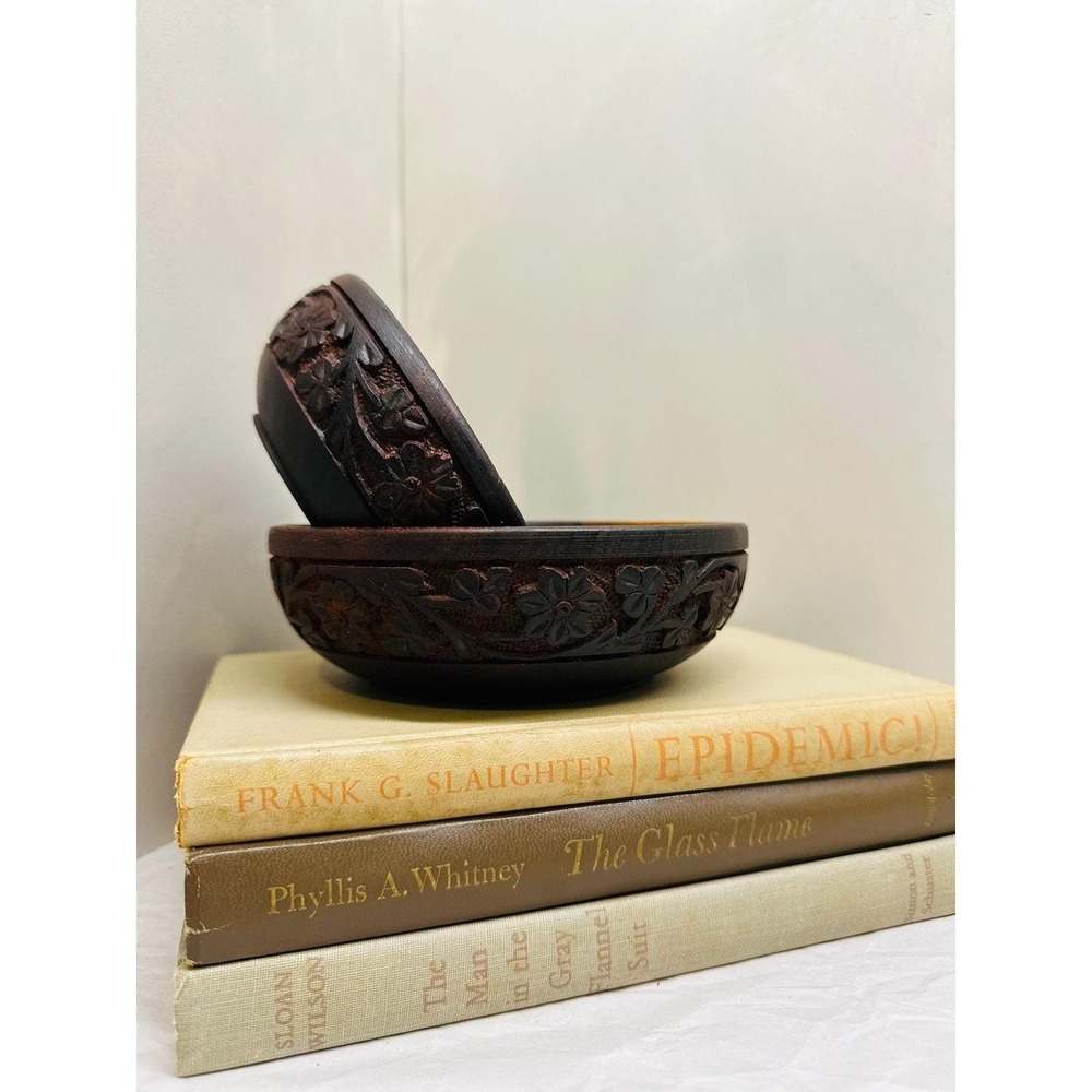 Vintage Teak Hand Carved Floral Wooden Bowls Set 2 5x2 and 6x2